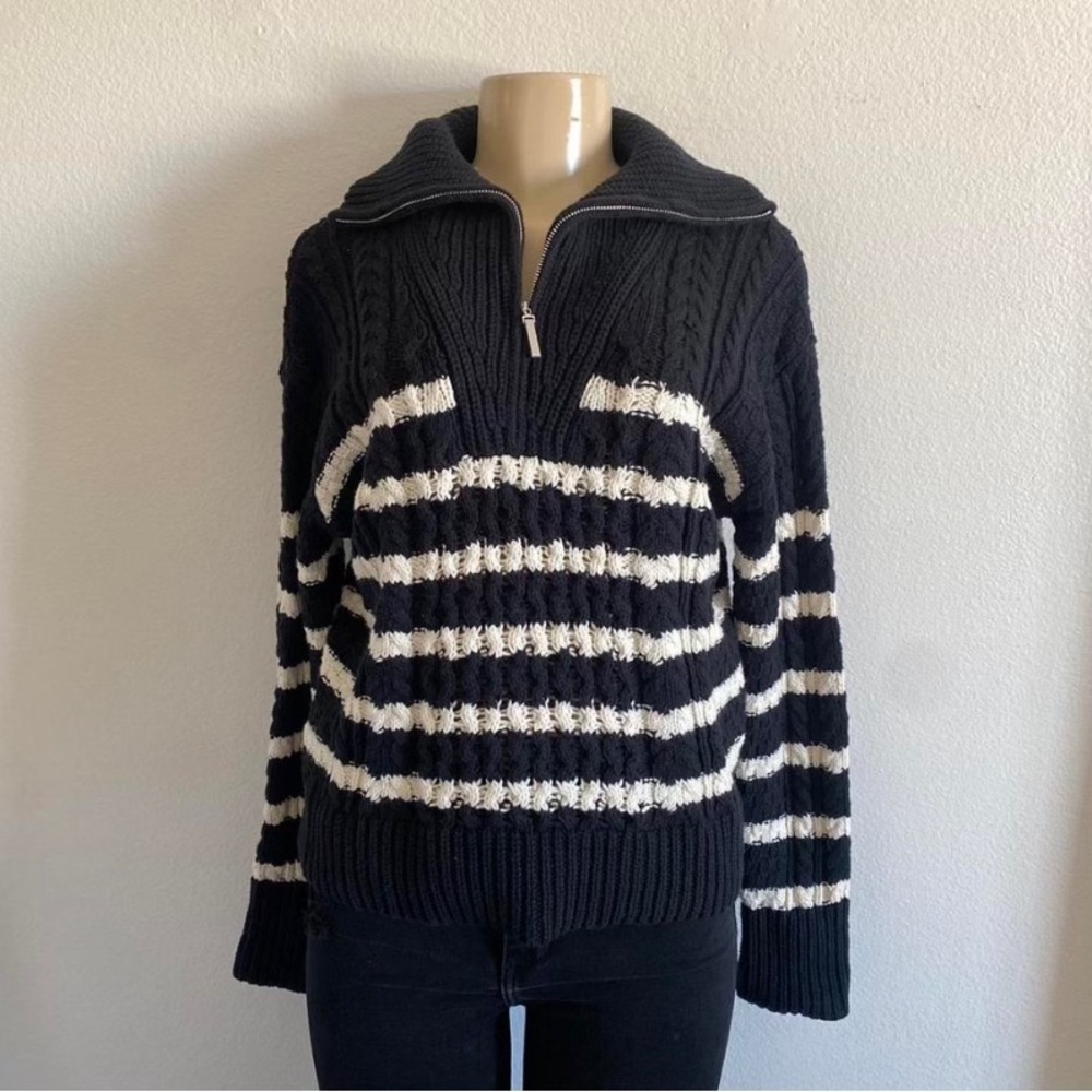 NWOT La Ligne Black and White Striped Cable Knit Half-Zip Turtleneck Sweater